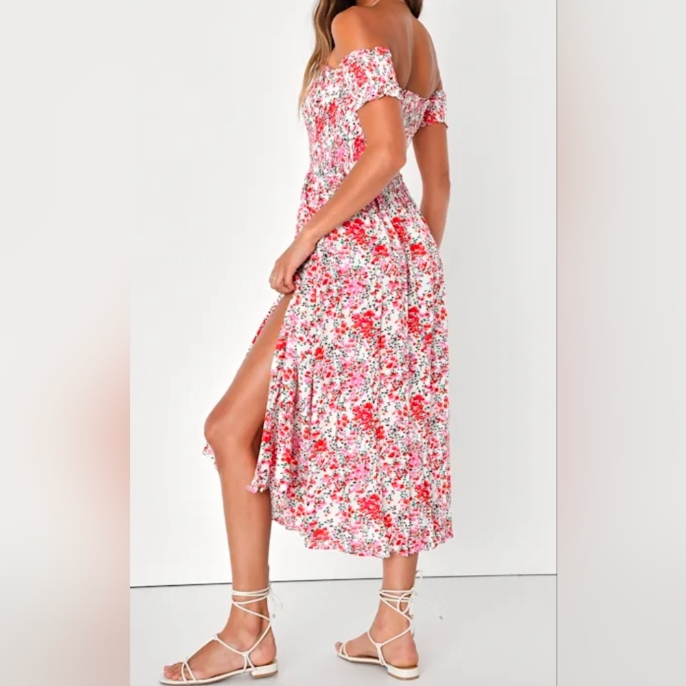 Lulus Cream Floral Print Off The Shoulder Midi Dress Size XS
